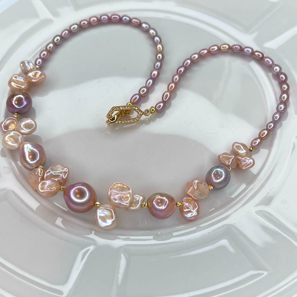 ❤️ Handmade Freshwater Edison Keshi Pearl Metallic Cotton Candy 🍬🍭Color Necklace - Picture 1 of 4